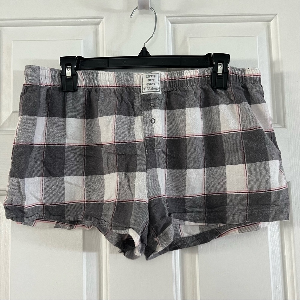 PJ Salvage Grey, White, Pink Flannel Boxer Pajama Shorts